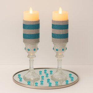 Handmade Glam Crystal Candle Holders – Silver & Teal Jeweled Design (Set of 2)